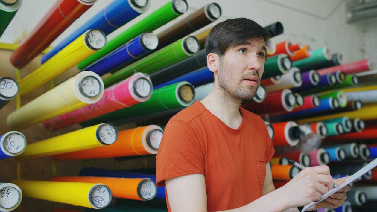 Vinyl rolls in a sign shop — calendered vinyl for flat surface applications
