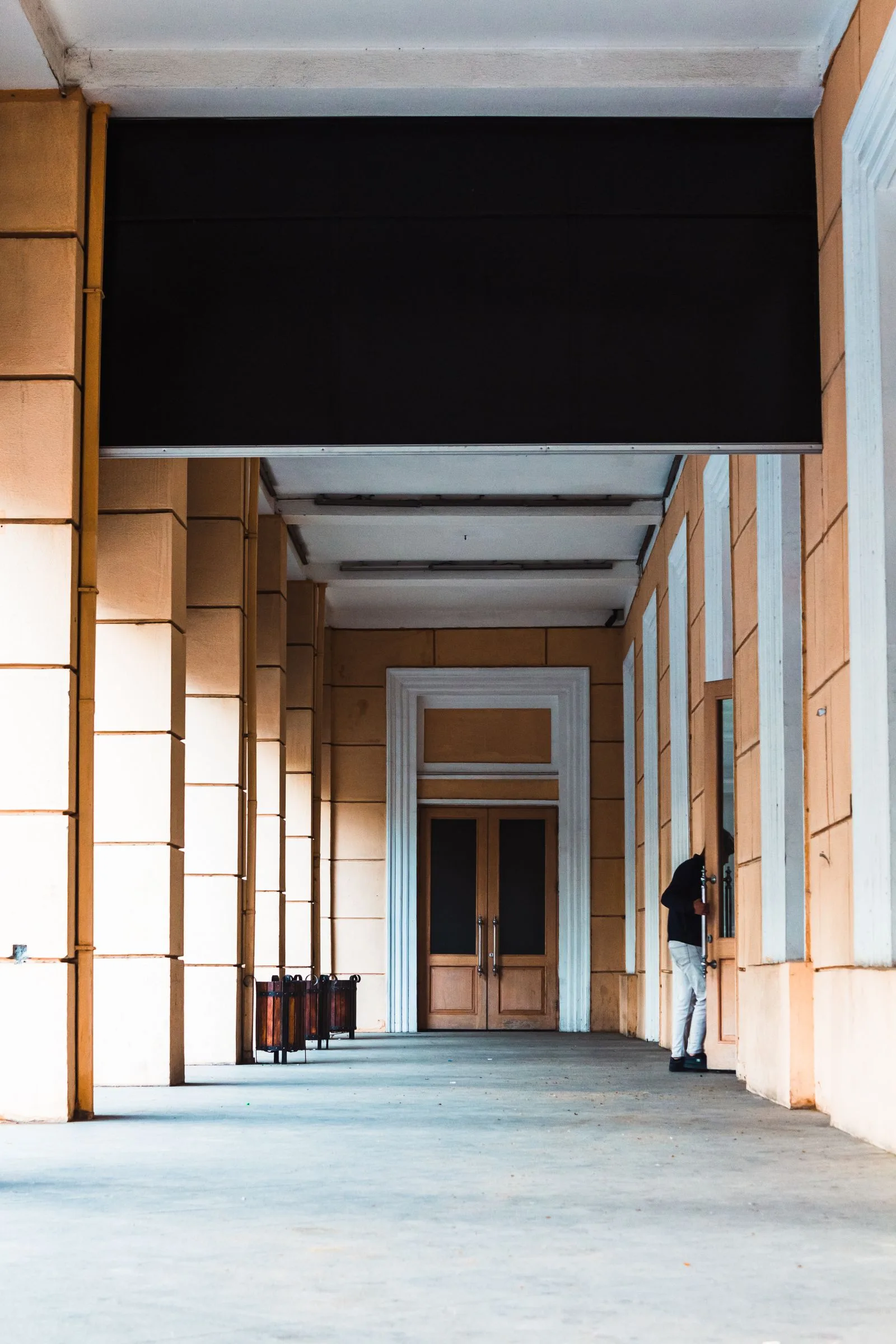 Calm symmetrical building colonnade with wooden entrance doors