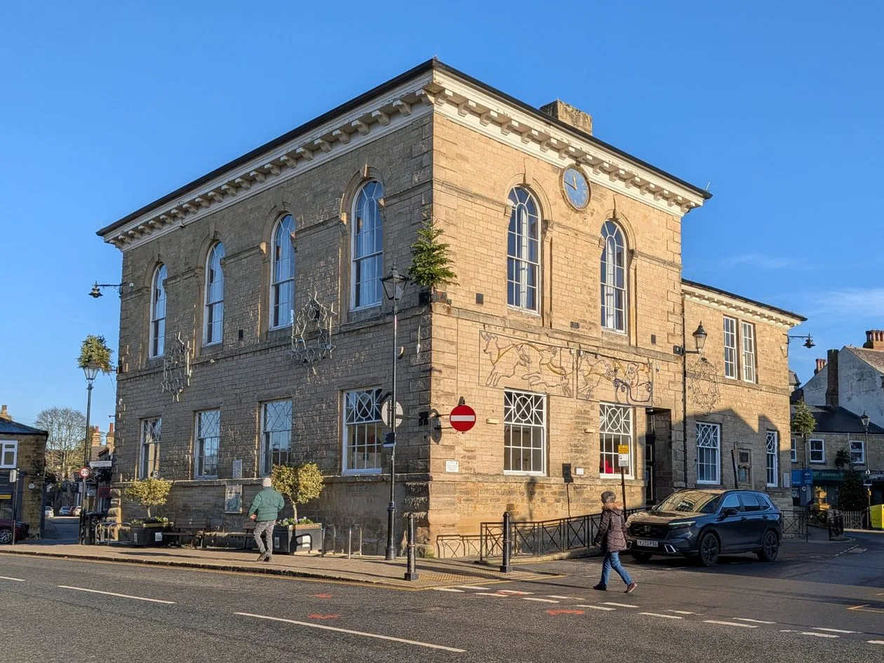 Historic English town hall building with clock tower