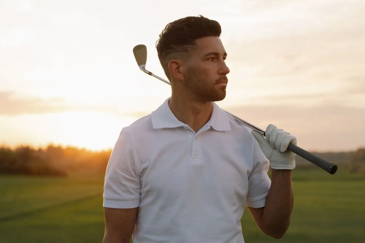 Golfer wearing a white polo shirt holding a club at sunset