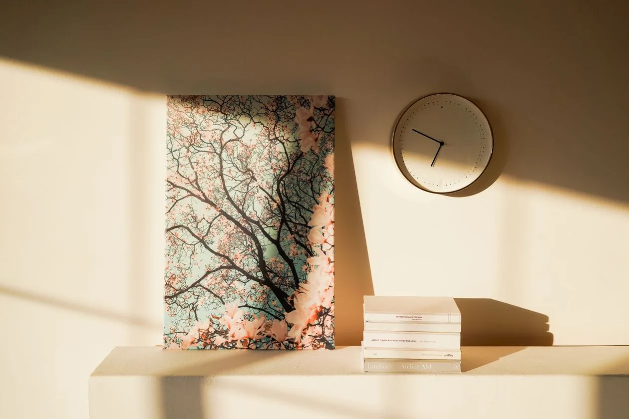 Photographic canvas print of a blossom tree leaning against a wall