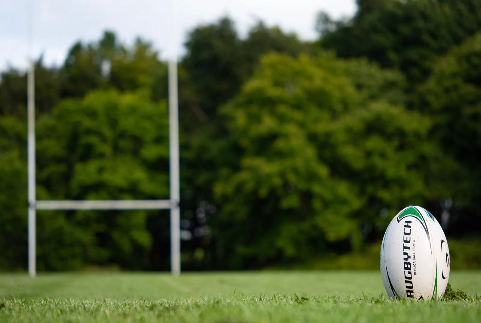 Rugby ball resting on a grass pitch with goalposts in the background