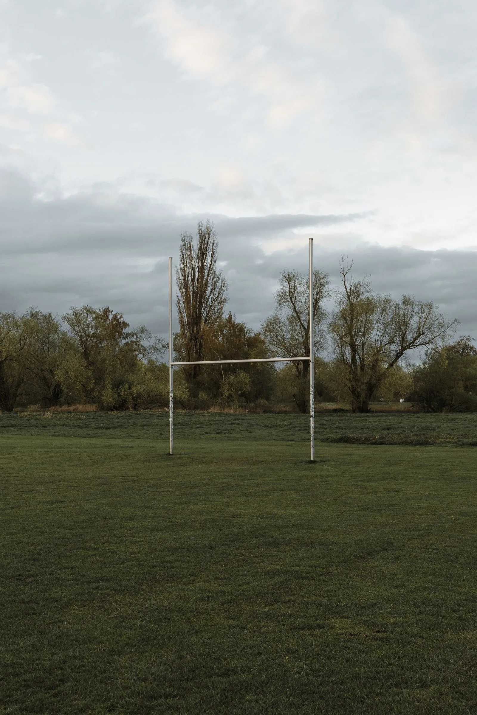Rugby pitch with goalpost under a cloudy sky