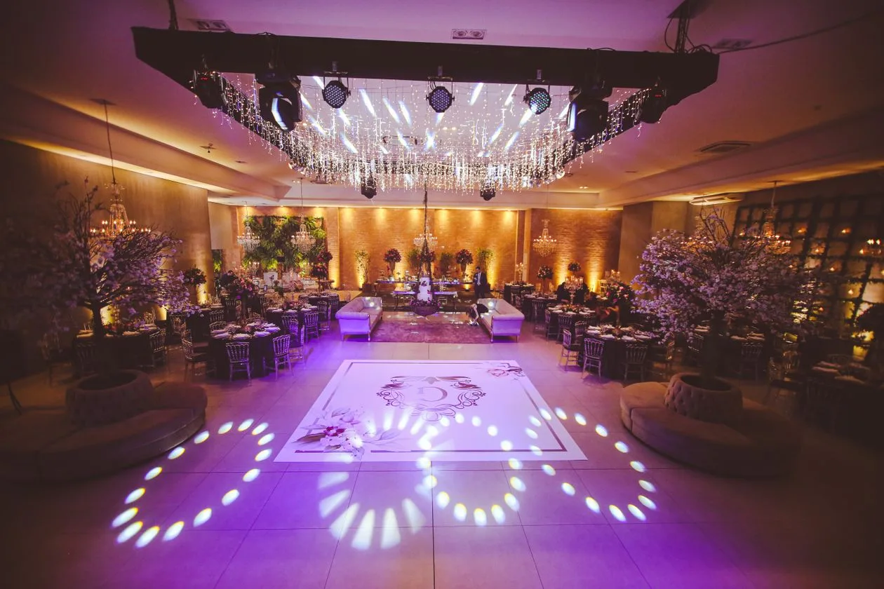 Illuminated wedding dance floor with a printed decorative design